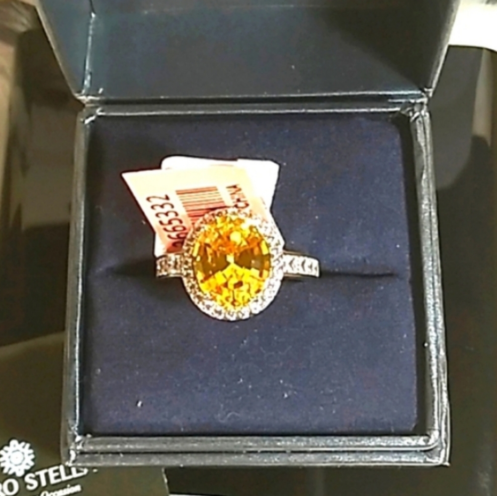 Citrine LS Swarovski Baguette Crystals Platinum Silver Halo Ring